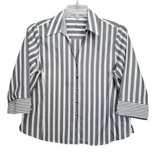Foxcroft Wrinkle Free Fitted Gray Striped 3/4 Sleeve Button-Up Shirt Size 14P